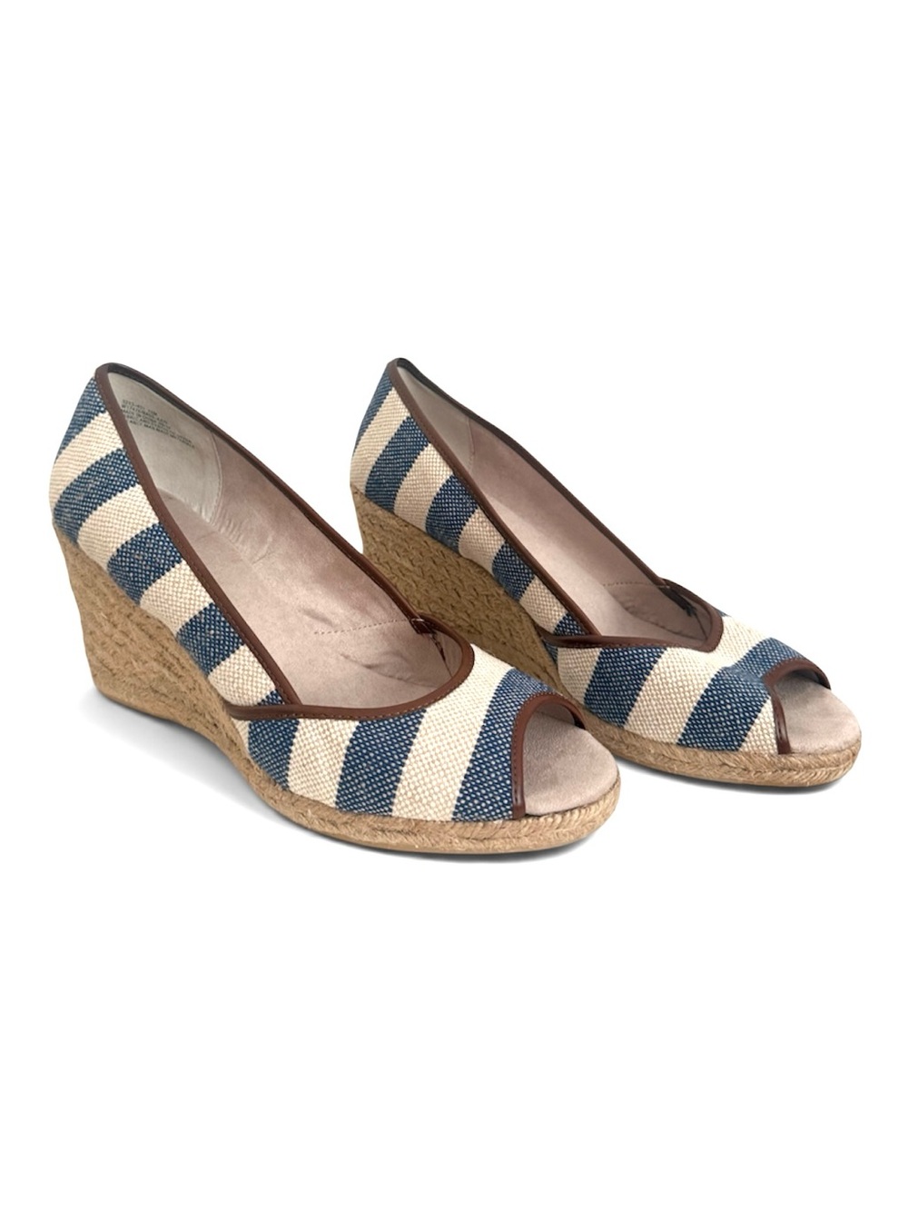 G.H. Bass & Co Blue and Cream Striped Peep-Toe Wedges